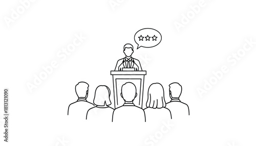Black and white line drawing illustration of a speaker at a podium giving a presentation or speech to an audience with a threestar rating in a speech bubble