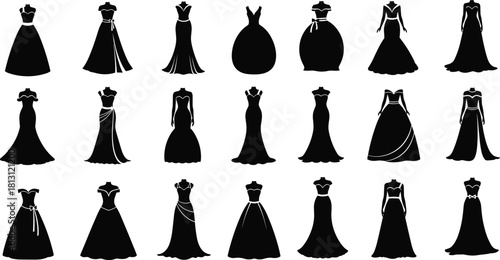 Formal dress silhouettes, fashion design collection, elegant gowns, black vector illustration, stylish outfits, neckline variety, sleeve styles, skirt shapes, couture