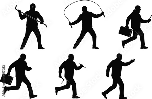 Aggressive Thief and Criminal Silhouettes Holding Burglary Tools, Ropes, and Briefcases, Depicting Running, Walking, and Suspicious Action Poses in Vector