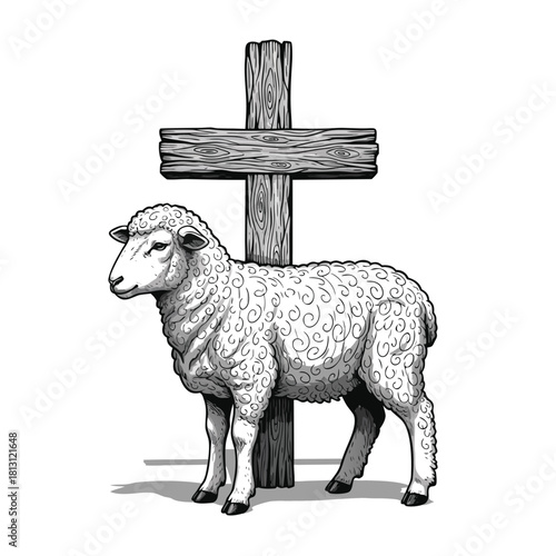 A black and white illustration of a lamb standing beside a rustic wooden cross, symbolizing religious themes.
