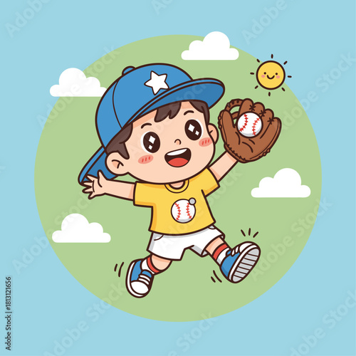 A cute cartoon boy in a baseball cap and uniform, happily jumping with a glove and ball under a sunny sky.