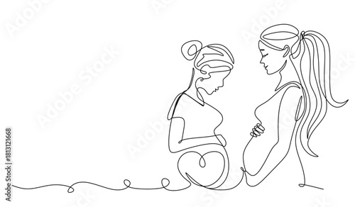 Continuous line drawing of a pregnant woman with butterfly. One line drawing of a pregnant woman. Pregnant belly with heart and butterfly. 