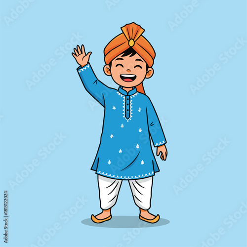 A cheerful cartoon boy in traditional Indian attire, wearing a blue kurta, white dhoti, and orange turban, waving happily.