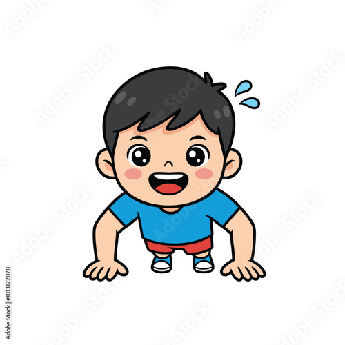 A cute cartoon boy with black hair doing a push-up exercise, smiling and sweating from physical activity.