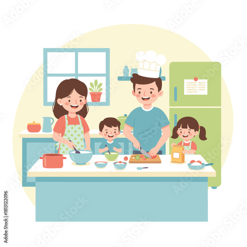 A happy family, including a father, mother, son, and daughter, cooking and preparing food together in a bright and cozy kitchen.