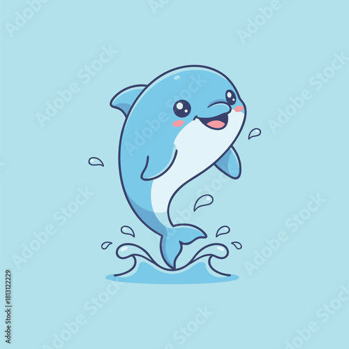 Cute cartoon blue dolphin jumping out of the water with a happy smile on a light blue background.