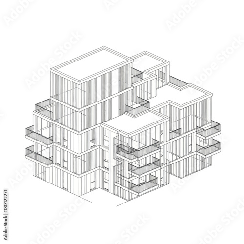 Architectural Wireframe Drawing of a Modern Residential Building.