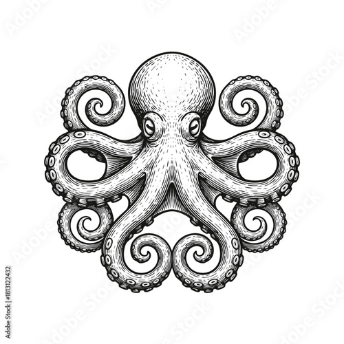 Detailed black and white engraving style illustration of an octopus with swirling tentacles, a vintage marine animal drawing.