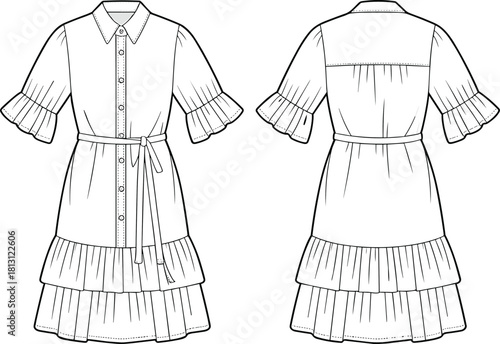 Women's tiered shirt dress with ruffled sleeves, button placket and tie belt, front and back technical fashion flat sketch.