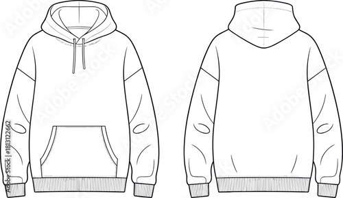 Hoodie sweatshirt technical fashion sketch with front pocket, drawstring hood, ribbed cuffs, clean flat design, cad drawing flat vector illustration