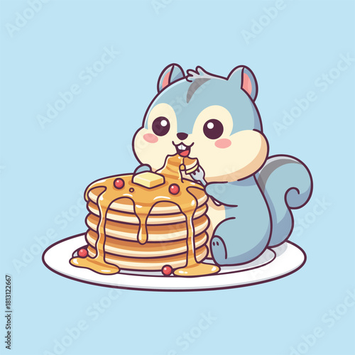 Cute cartoon squirrel happily eating a stack of pancakes with butter and syrup.