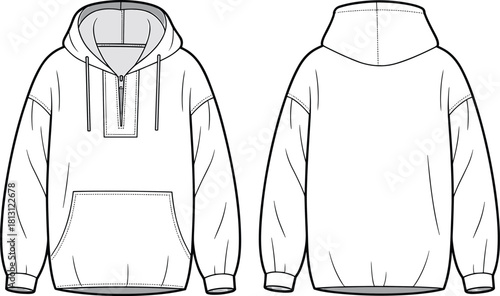 Hoodie pullover technical fashion sketch with zipper front detail, kangaroo pocket, drawstring hood, long sleeves, apparel design template