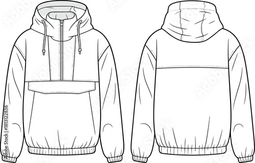 Modern technical hoodie jacket design with front flap detail, zipper collar, drawstring hood and elastic cuffs, detailed fashion template – cad drawing flat vector illustration