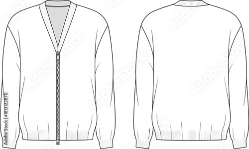 Zip-up V-neck cardigan sweater technical fashion template, front and back view, detailed cad drawing flat vector illustration design