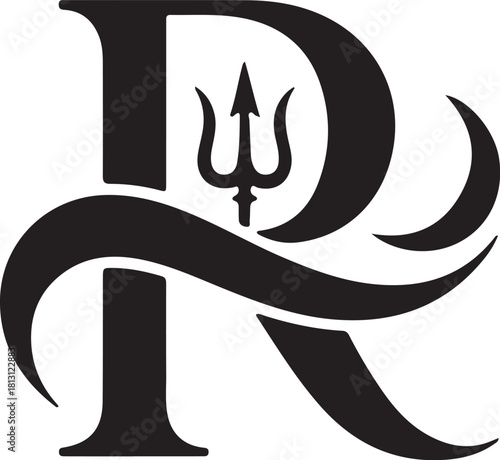 Stylized letter r monogram with trident symbol