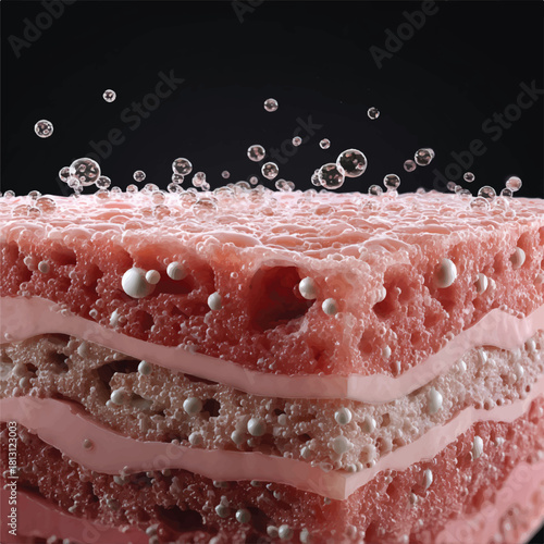 Detailed skin layers microscopic view with bubbles floating on top close up