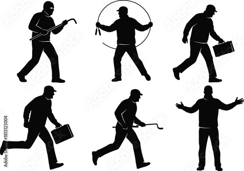 Collection of Male Silhouettes Portraying Thieves, Robbers, and Criminal Figures Carrying Tools, Briefcases, and Suspect Gestures, Isolated on White