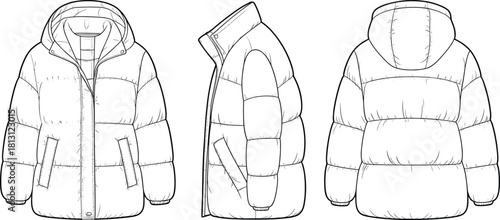 Winter puffer jacket technical flat sketch, detailed CAD outerwear drawing, insulated hooded coat design illustration for fashion apparel templates