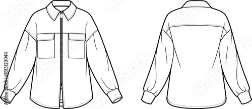 Technical fashion shirt jacket design, long sleeve overshirt with front pockets, zipper closure, cuff details, apparel flat sketch illustration