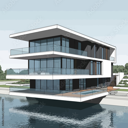 Modern Three-Story House Over Water with Balconies and Large Windows.