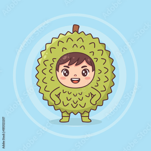 Cute cartoon child character wearing a durian fruit costume with a happy expression on a light blue background.