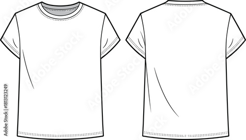 Blank rolled sleeve t-shirt front and back technical fashion template with clean outline sketch design, cad drawing flat vector illustration