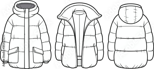 Detailed winter puffer jacket front open and back technical template, padded outerwear sketch design, cad drawing flat vector illustration