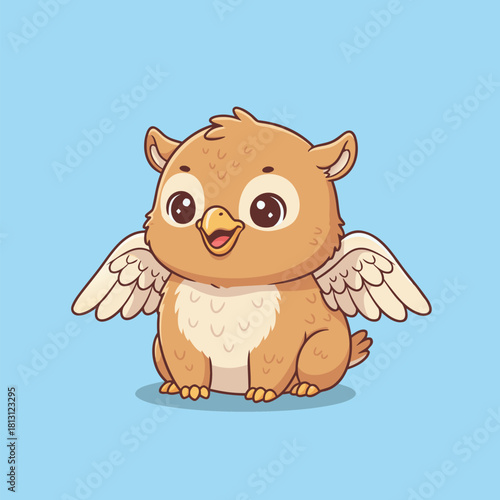 A cute cartoon baby owl-like creature with small wings on a blue background.