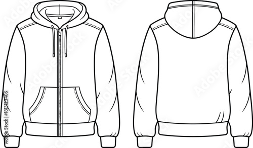Hoodie zip up technical flat sketch with front and back view, detailed seams, kangaroo pocket, fashion CAD garment illustration template