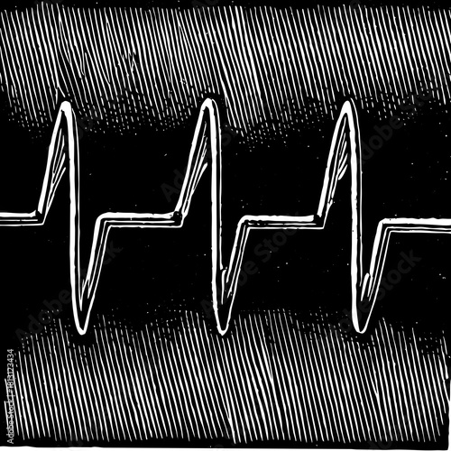 Black and white woodcut style illustration of an electrocardiogram line
