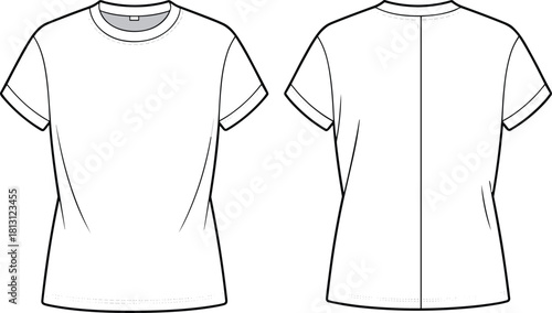 Short sleeve T-shirt CAD drawing with front and back view, folded cuffs, stitching details, fashion technical flat apparel vector illustration design