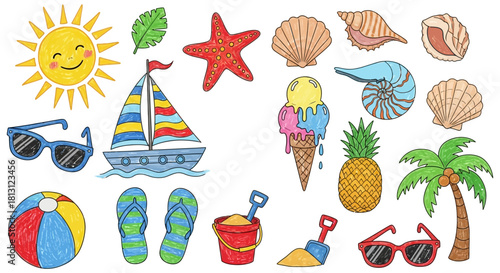 colorful summer beach vacation elements doodle set with sun sailboat ice cream and flip-flops for fun holiday designs.