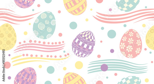 seamless pattern of pastel easter eggs with spring designs dots and waves on a white background for holiday backgrounds