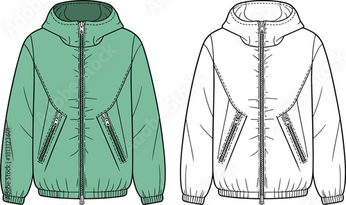 Detailed hooded jacket CAD drawing with zipper front, angled pockets, stitching details, fashion technical flat sketch outerwear vector illustration design