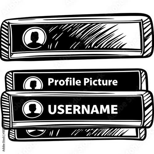Hand drawn black and white user profile name badge set icon