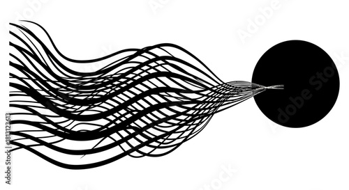 abstract black lines flow and converge towards a black circle symbolizing data absorption energy flow and connection.