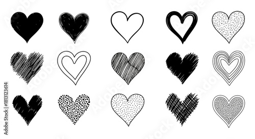 a diverse collection of hand drawn heart shapes doodle illustrations and love symbols perfect for valentines day and romantic designs.