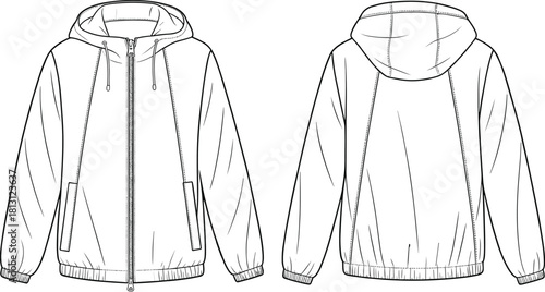Hooded zipper jacket technical flat sketch, casual outerwear fashion design template with pockets and seams, detailed CAD drawing vector illustration