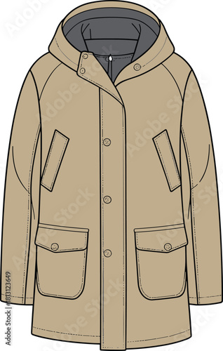 Classic hooded parka jacket technical flat sketch, detailed outerwear CAD drawing, vector fashion illustration with pockets, buttons, stitching lines