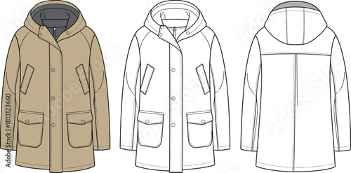 Modern hooded parka jacket technical flat sketch, detailed fashion CAD drawing outerwear design with pockets, seams, stitching, and front back view illustration