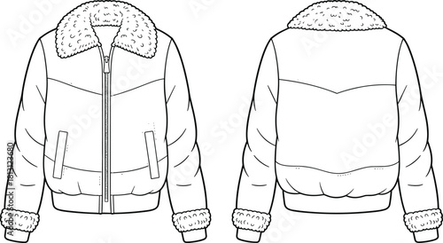 Stylish winter shearling collar puffer jacket technical flat sketch, detailed front and back CAD drawing for fashion design vector illustration