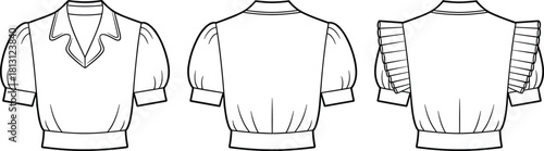 Stylish puff sleeve blouse front and back technical fashion sketch, detailed garment flat design, vector illustration for apparel design presentation, cad drawing flat vector illustration