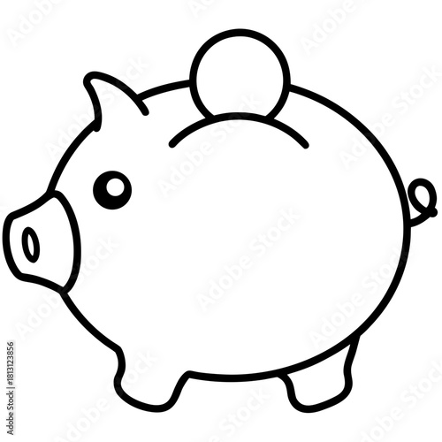 Simple black and white line art drawing of a piggy bank with coin