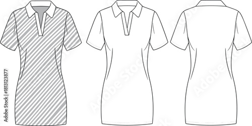 Women’s short sleeve polo dress technical flat, detailed fashion CAD template with collar, placket, darts and stitching outline illustration