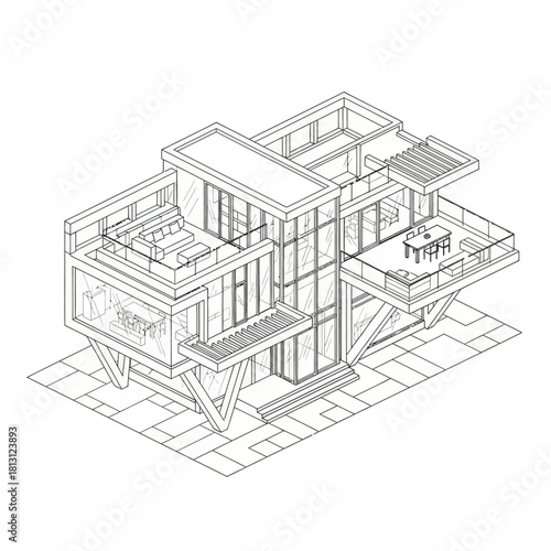 Architectural blueprint of a modern house with a balcony and glass walls.