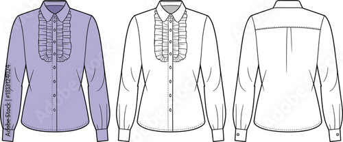 cad drawing flat vector illustration, women’s ruffle front blouse technical fashion sketch with collar, long sleeves, button placket and garment detailing