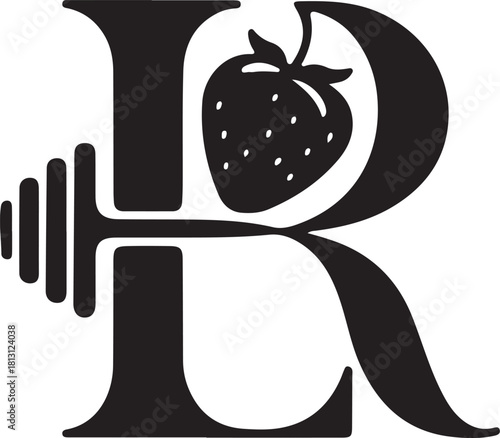 Stylized letter r logo with dumbbell and strawberry
