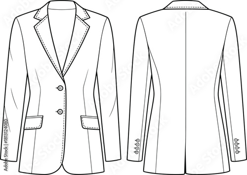 cad drawing flat vector illustration, women’s tailored blazer technical fashion sketch with lapel collar, welt pockets, button details and structured design