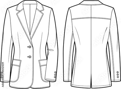 Women’s tailored blazer jacket fashion template with front and back views, technical garment sketch design, CAD drawing flat vector illustration