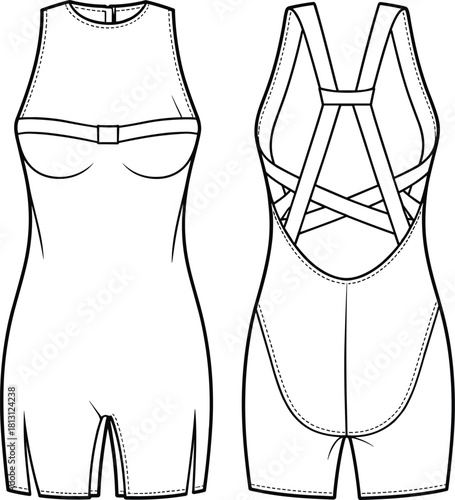 Women’s activewear romper fashion template with strappy back design and front view details, technical apparel sketch, CAD drawing flat vector illustration